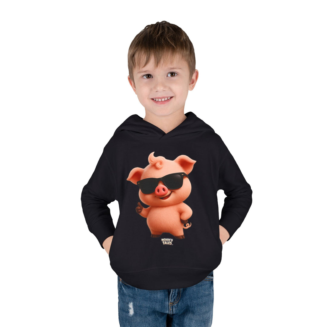 funny animal boys' hoodie in Black, Noah's Tales Pip, worn by model