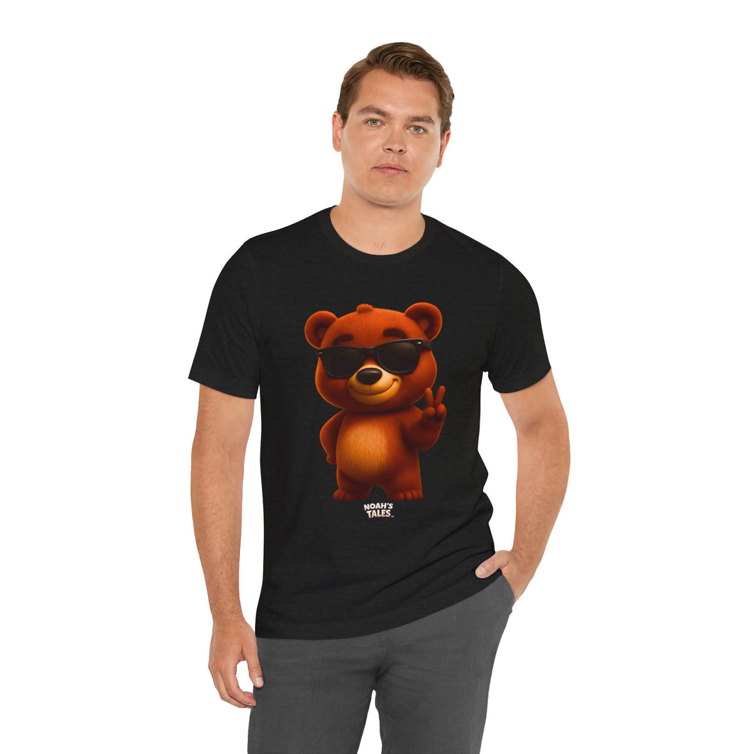 funny bear graphic men's t-shirt in Black Heather, Noah's Tales Baxter, worn by model