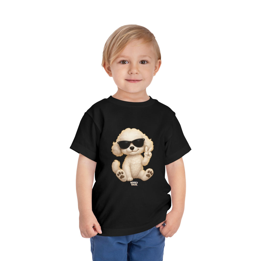 funny dog boys' t-shirt in Black, Noah's Tales Coco, worn by model