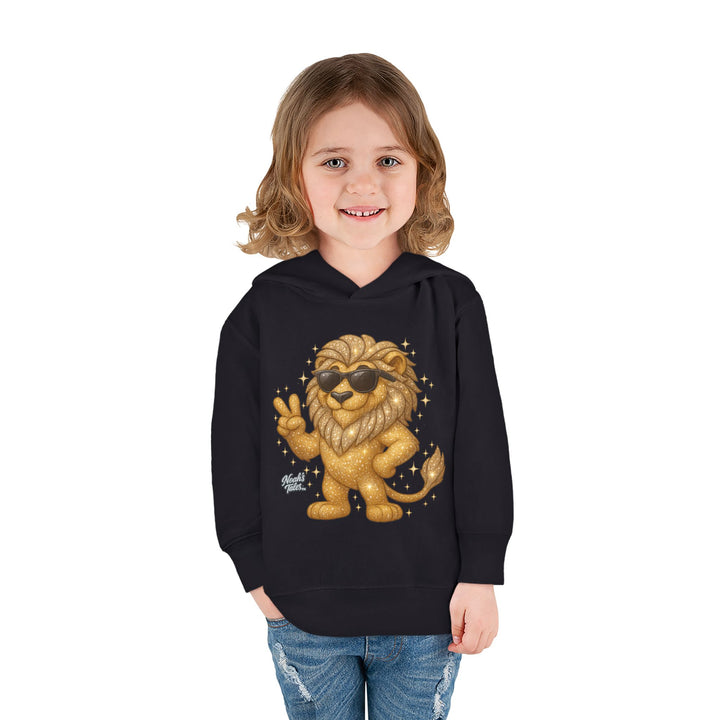 lion design girls' hoodie in Black, Noah's Tales Leo, worn by model